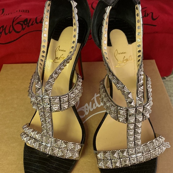 Black Diwali 100 Silver Studded Ankle Strap Stiletto Heel Pumps. - Picture 5 of 9